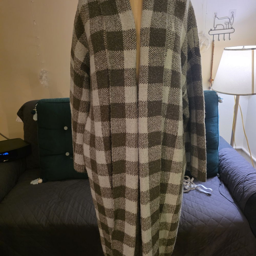 A New Day Womens Long Olive Plaid Cardigan